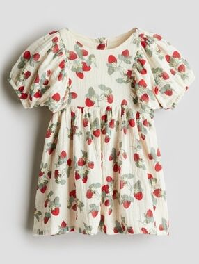 H&M Cotton Muslin Dress Light Beige Strawberries 2t